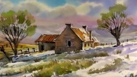 Watercolor Landscape Painting Winter farm