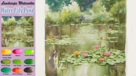 Water lily pond Drawing Landscape watercolor wet in wet Arches NAMIL ART