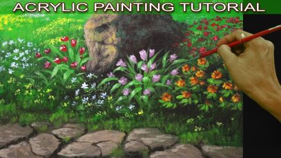 Acrylic Painting Tutorial on How to Paint Flower Garden with a Pathway and Big Rock Easy and Basic