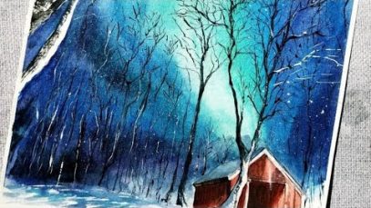 Northern Lights Winter Landscape Watercolor Painting