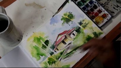 Painting Landscape in watercolors by artist Sikander Singh Chandigarh INDIA