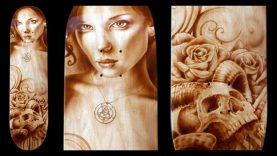 How to Airbrush Tattoo Style Skull Flower Portrait Design on a Skateboard Deck With Sean Cahill