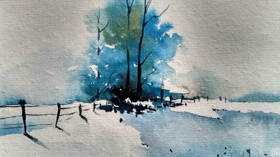 Snowy Winter Landscape with watercolor Paint with david