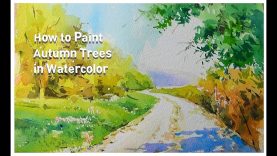 Autumn Tree Road in Watercolor landscape. 풍경 수채화水彩画Acuarela 수아트