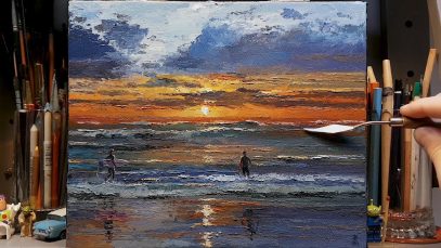 Back Beach Lancelin Surfer Sunset Palette Knife Brush