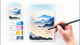 Mountains at Dawn. Easy step by step watercolor tutorial