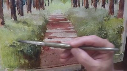 Painting a green lawn texture in watercolor using masking fluid