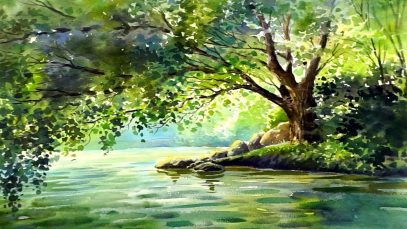 Tree over a Lake Watercolor landscape painting