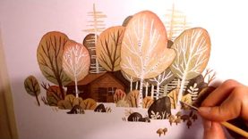 Watercolor Illustration quotbirchtree forestquot lineless style with masking fluid