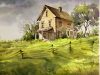 Watercolor Landscape Painting Old little house in the Meadow