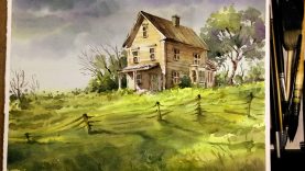 Watercolor Landscape Painting Old little house in the Meadow