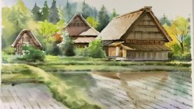 Watercolor Landscape painting Cottages at Shirakawa village Japan