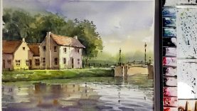 Watercolor Painting the Houses on the riverbank
