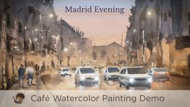 Watercolor night street Madrid Evening