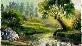 Watercolor painting Sunshine on the Forest Stream