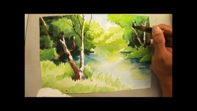 Watercolour painting of trees and river 690 Art Class