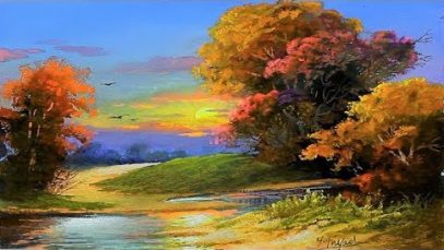 Gouache Sunset Landscape Painting By Yasser Fayad