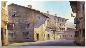 Watercolor Painting Street of Medieval Town