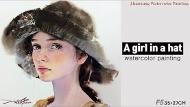 watercolor portrait painting a girl in a hat