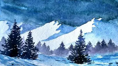 Snowy Blue Mountains with Watercolor paint with david