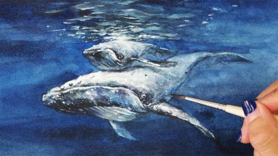 Watercolor Painting Lovely Mother and Baby Whale