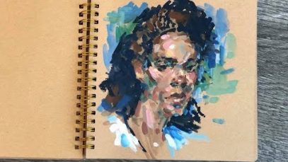 Painting a portrait with gouache in my sketchbook and show