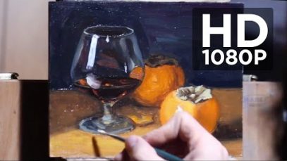 Painting realistic still life with glass liquid and fruit