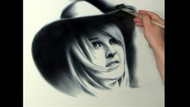 Portrait Drawing Girl in a hat on a black background