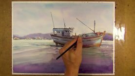 Watercolor Painting Fishing Boat on the beach
