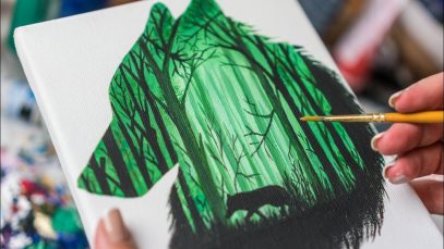 Multiple exposure of the Forest Wolf Acrylic painting 4k