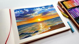 Oil pastel Drawing Sunset Sea seascape / Oil pastel Landscape
