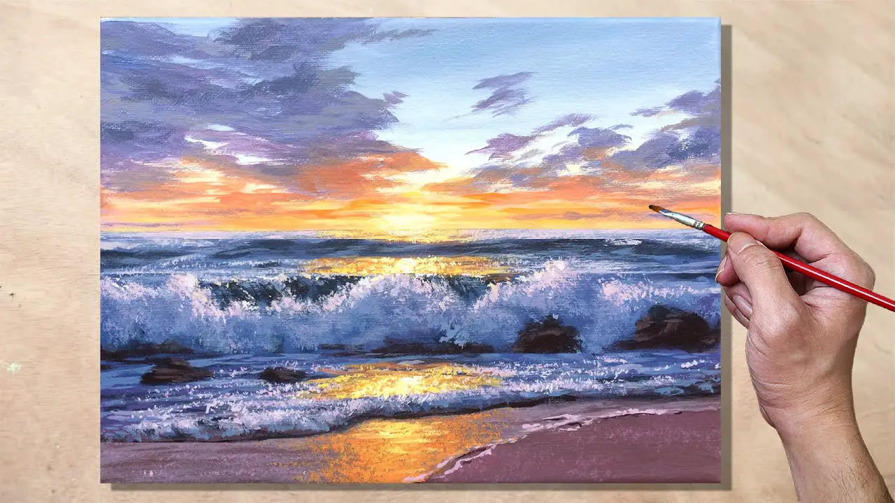 Aesthetic acrylic painting for beginners  easy sunset seascape painting on round  canvas 