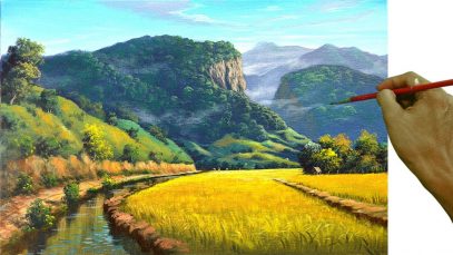 Acrylic Landscape Painting in Time-lapse / Mountains and Rice Fields