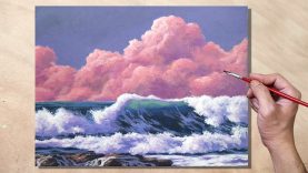 Acrylic Painting Pink Clouds and Waves Seascape