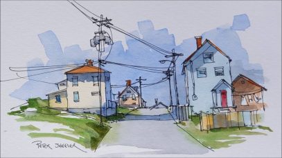 A virtual Urban Sketch of a street in Bonavista Newfoundland.