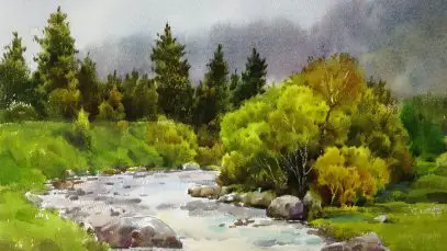 Watercolor landscape painting – Little Stream in the Forest