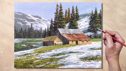 Acrylic Painting Melting Snow Winter Landscape