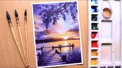 Watercolor painting of sunset evening landscape of river side easy