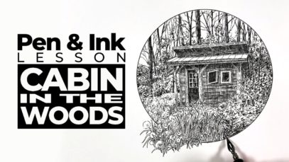 Landscape Drawing with Pen and Ink – Cabin