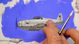 Copic marker airplane sketch + gouache background
