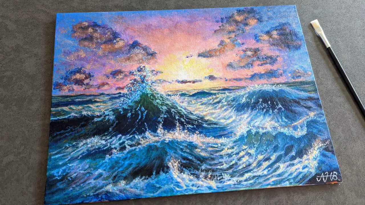 Acrylic Painting Pink Clouds and Waves Seascape 